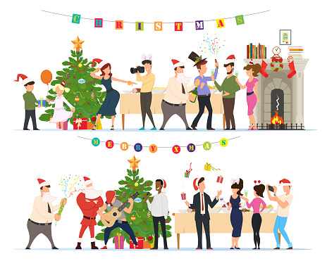 People celebrating Christmas together at home. Friends of different ages and nationalities having fun at a party in honor of the new year. Vector illustration in flat style.