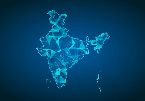 istock Abstract mash line and point scales on dark background with map of india. Abstract network vector concept of india. Internet and connection map background. Triangle, dot ,line Vector. 1132916382