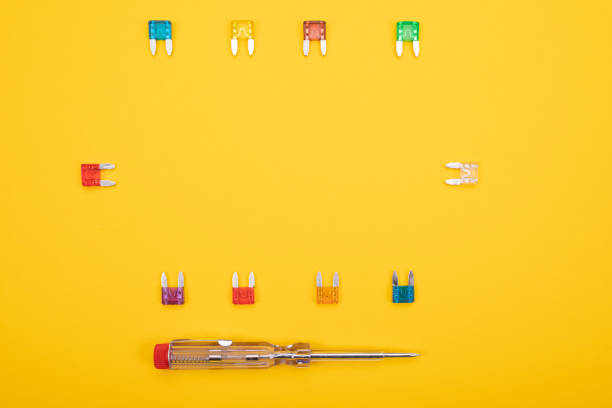 Set of electrical tool on colorful background Accessories for engineering work. Toolkit of electrician on tableware make over series stock pictures, royalty-free photos & images