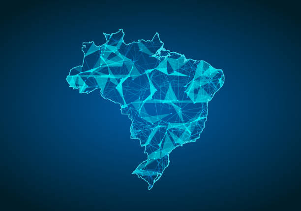 istock Abstract mash line and point scales on dark background with map of brazil. Abstract network vector concept of brazil. Internet and connection map background. Triangle, dot ,line Vector. 1132916909