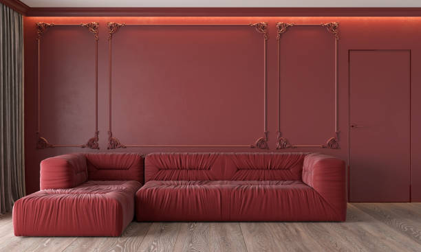 istock Modern classic red interior with sofa wall mouldings ceiling backlit wood floor door and curtains. 3d render illustration mockup. 1132918046