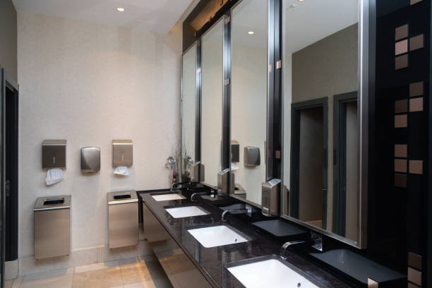 Toilet room in a public place Aluminum taps and stylish sinks. sinks and taps outdoor. Toilet sink interior of public toilet with of washing hands and mirror. Close up of silver faucet in toilet restaurant mirror stock pictures, royalty-free photos & images