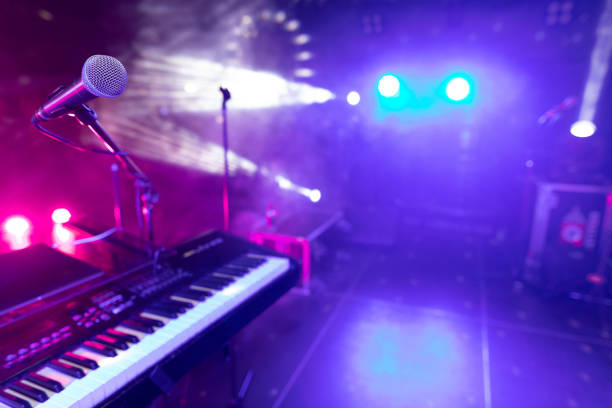 Synth keys in the light club lights. Closeup On Piano, Keyboard - Keys On Synthesizer - Music Instrument