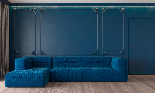 istock Modern classic royal blue interior with sofa wall mouldings ceiling backlit wood floor door and curtains. 3d render illustration mockup. 1132919197