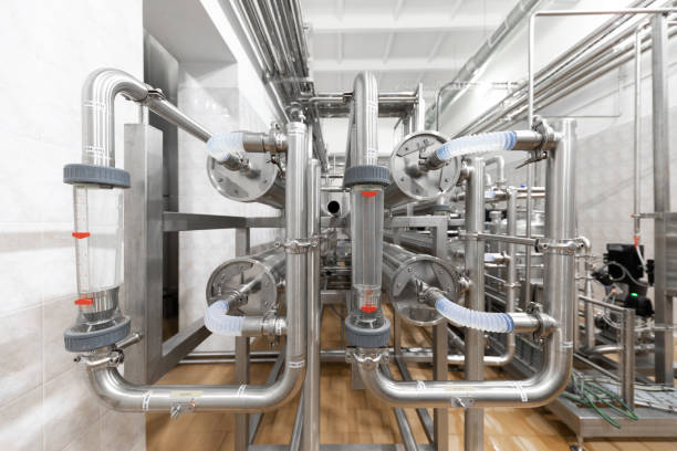 sistema de tubos cromados en la planta de la industria alimenticia - chromeplated fotografías e imágenes de stock