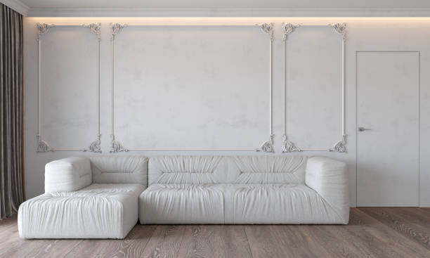 istock Modern classic white interior with sofa wall mouldings ceiling backlit wood floor door and curtains. 3d render illustration mockup. 1132919779