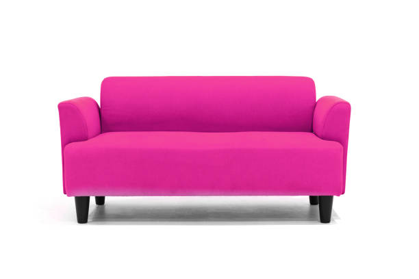 Pink Scandinavian style contemporary sofa on white background with modern and minimal furniture design for stylish living room.