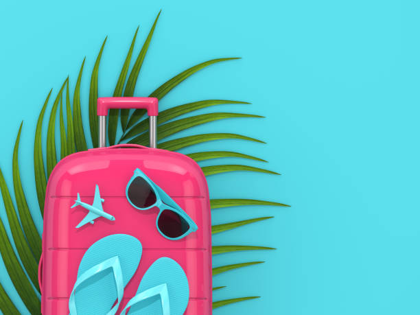 istock 3d render of suitcase with vacation stuff over blue background 1132927336