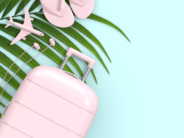 istock 3d render of suitcase with vacation stuff over pastel blue background 1132927348