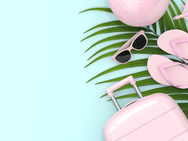 istock 3d render of suitcase with vacation stuff over pastel blue background 1132927350