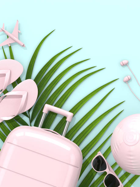 istock 3d render of suitcase with vacation stuff over pastel blue background 1132927351
