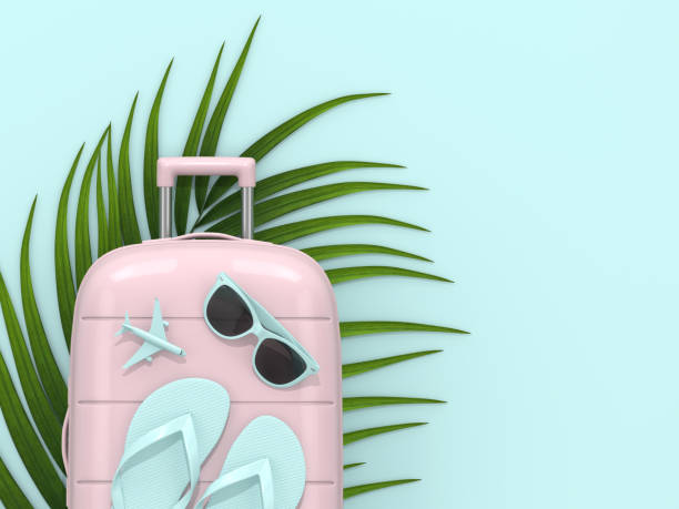 istock 3d render of suitcase with vacation stuff over pastel blue background 1132927357
