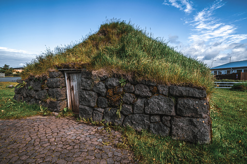 Ancient turf house in Iceland. Icelandic traditional building.