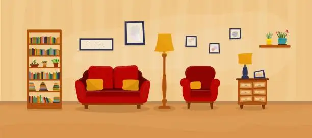 Vector illustration of Living room with couch, armchair, library, lamp.