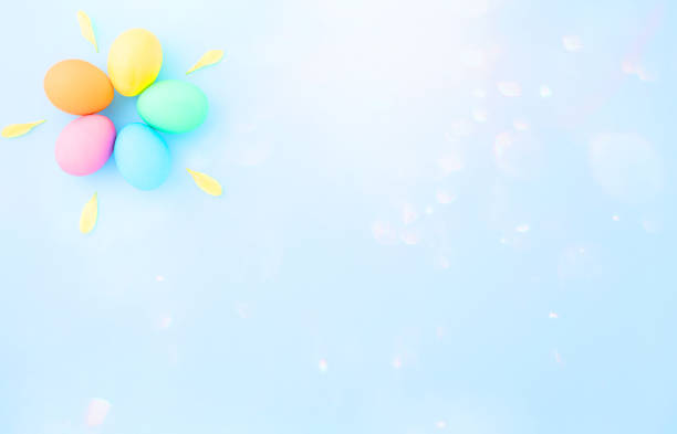 istock Colorful Easter eggs on a light blue background. Flat lay. Top view. Copy space 1132931862