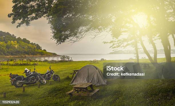 Tent Camping Stock Photo - Download Image Now - Motorcycle, Camping, Tent