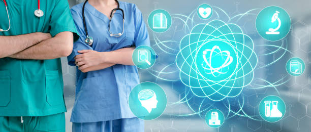 Medical Healthcare Research and Development Concept. Doctor in hospital lab with science health research icon show symbol of medical care technology innovation, medicine discovery and healthcare data. concepto de investigación y desarrollo de salud médica. doctor en laboratorio hospitalario con icono de investigación de la salud de la ciencia muestra el símbolo de la innovación tecnológica de atención médica, descubrimiento de medicinas y datos
