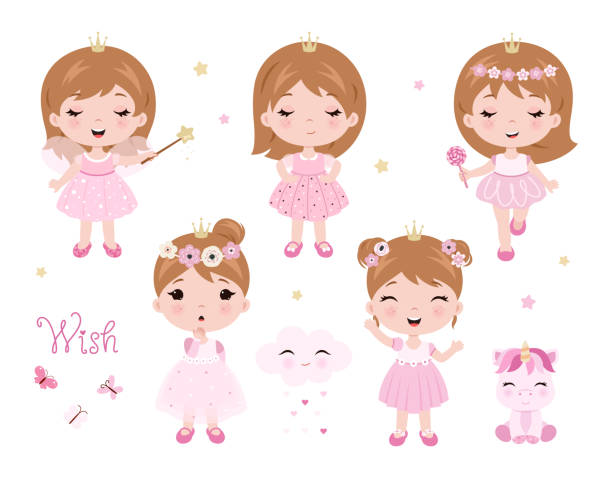 ilustrações, clipart, desenhos animados e ícones de bebé pequeno bonito do vetor vestido como a princesa. jogo da princesa do bebê. bebé pequeno do vetor com varinha mágica. - fairy cartoon baby girls little girls