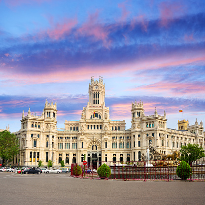 Palace of Communication on the Plaza de Cibeles in Madrid, Spain. Composite photo