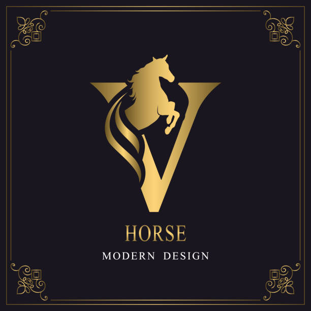 Chữ Viết Hoa Chữ V Với Một Con Ngựa Logo Hoàng Gia King Stallion Trong Jump  Hồ Sơ Đầu Ngựa Đua Monogram Vàng Trên Nền Đen Với Viền Thiết Kế Mẫu Đồ