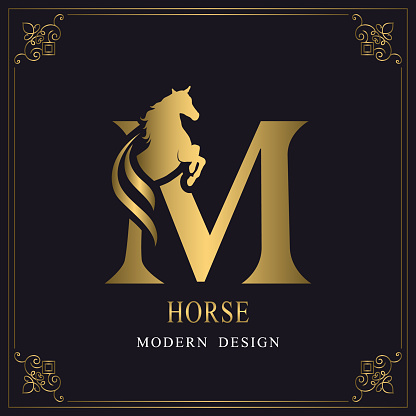 Capital Letter M With A Horse Royal Logo King Stallion In Jump Racehorse  Head Profile Gold Monogram On Black Background With Border Stylish Graphic  Template Design Tattoo Vector Illustration Stock Illustration -