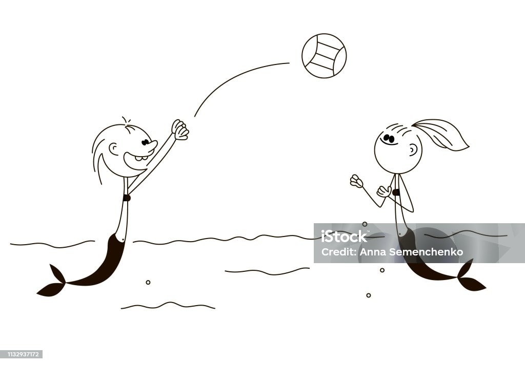 Illustration of Mermaids Doodle stick figure: Mermaids Playing Ball - Vector Art stock vector