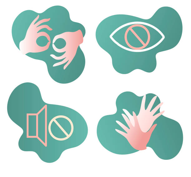 Vector icons set of disability. Flat design. Sign gesture, blind and deaf disability Vector icons set of disability. Flat design concept of disability. Sign language gesture, blind and deaf disability. Can be used for web, accessibility, application icons american sign language stock illustrations
