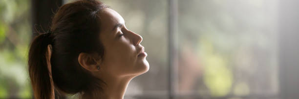Side view beautiful woman with closed eyes enjoying fresh air Horizontal photo side view beautiful brunette woman face with closed eyes enjoy breath fresh air dreaming do relaxation exercise feels placid, banner for website header design with copy space for text relieved face stock pictures, royalty-free photos & images