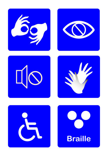 bildbanksillustrationer, clip art samt tecknat material och ikoner med blå handikapp symboler och skyltar insamling, kan användas för att offentliggöra tillgänglighet av platser, och andra aktiviteter för handikappade. vektor illustration - tillgänglighet blind braille