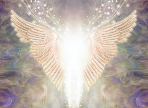 Pair of Angel Wings with bright white light between and a stream of glittering sparkles flowing upwards against an ethereal gaseous energy formation background