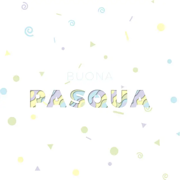 Vector illustration of buona pasqua (happy easter in italian). easter vector template design illustration. paper cut realistic 3d text with colorful confetti on white background