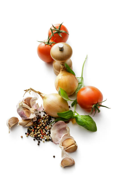 istock Ingredients: Tomatoes, Onions, Basil, Garlic and Pepper Isolated on White Background 1132947066