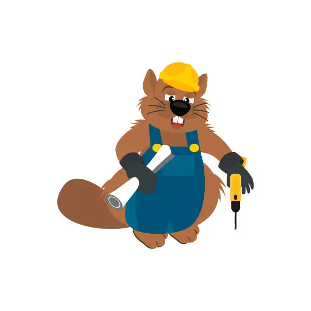 Vector illustration of Cute Beaver a builder holding drawing and screwdriver. Illustration in vector format