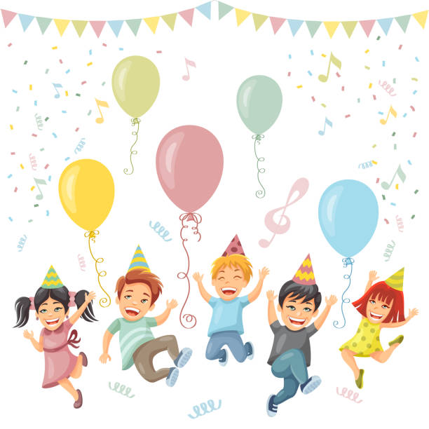 illustrations, cliparts, dessins animés et icônes de fête d'enfant avec des ballons - party hat party confetti hat