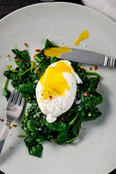 Overhead, close-up shot of a dish of eggs Benedict with wilted baby spinach leaves. Colour, vertical with some copy space. Please see my others pictures in this series for more.