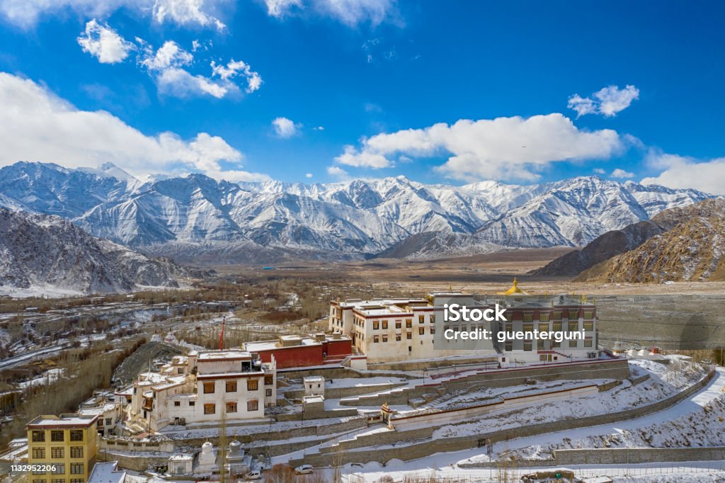 Phyang Gompa (monastery), Indus valley near Leh, Ladakh, India Aerial view of the famous Phyang Monastery on a winter day. The Monastery was founded back in the 14th century. The buddhist monastery belongs to the Drikung Kagyu school of Tibetan Buddhism. Himalayas Stock Photo