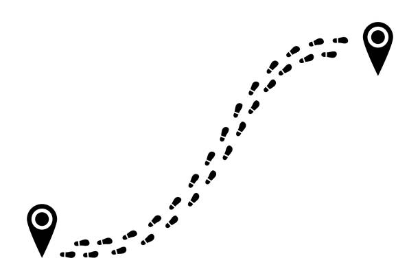 Shoes tracking path from one point to another. Footprints trail track with location pin. Footsteps route. Vector illustration. footprint stock illustrations
