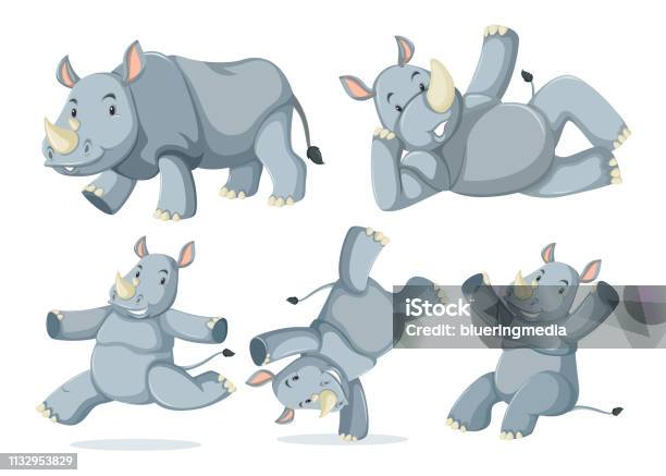 Set Of Cute Rhinos Stock Illustration - Download Image Now - Animal, Dancing, Animal Wildlife