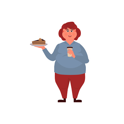 Fat Woman Eating A Piece Of Cake And Is Drinking Coffee Funny Cartoon  Character Stock Illustration - Download Image Now - iStock