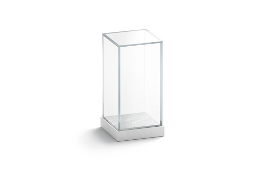 Blank white vertical glass showcase mock up, isolated, 3d rendering. Empty decor vase for flowers or statuette mock up. Clear plexiglass storage dome. Podium for installation template.