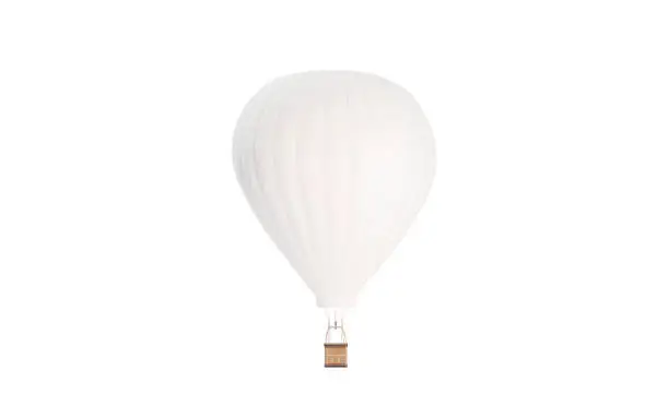 Blank white balloon with hot air mockup, isolated, 3d rendering. Empty sky transport mock up, front view. Clear dirigible with basket and hotair for journey template.