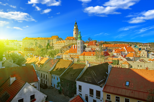 Beautiful sunset over historic centre of Chesky Krumlov old town in the South Bohemian Region of the Czech Republic on Vltava River. UNESCO World Heritage Site.