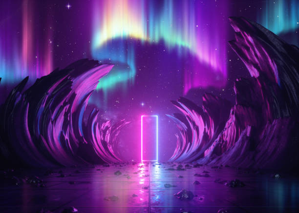 istock 3d render, abstract pink blue neon background, cosmic landscape, northern polar lights, esoteric rectangular portal, virtual reality, ultraviolet spectrum, rocks 1132956910