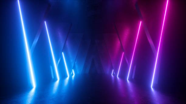 3d render, neon abstract background, empty room, glowing lines, geometric, ultraviolet light