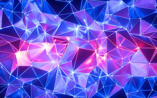 3d Rendering Blue Pink Neon Crystallized Background Polygonal Mesh  Ultraviolet Light Faceted Metallic Texture With Reflections Crumpled Shiny  Wallpaper Stock Photo - Download Image Now - iStock
