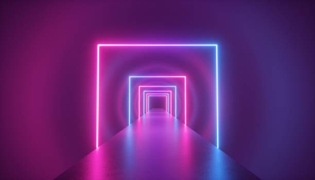 istock 3d render, neon light abstract background, square shape portal, virtual reality, ultraviolet spectrum, laser show, fashion podium, stage, floor reflection 1132957030