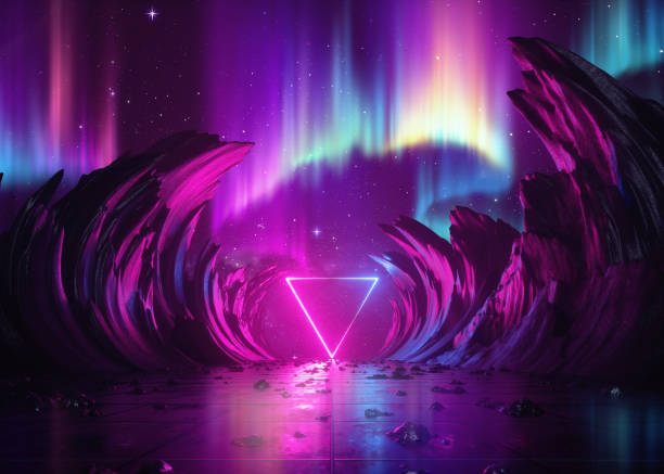 istock 3d render, abstract pink blue neon background, cosmic landscape, northern polar lights, esoteric triangular portal, virtual reality, ultraviolet spectrum, rocks 1132957037