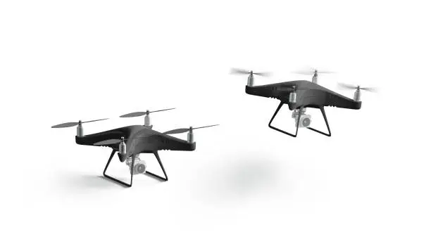 Photo of Blank black stand and flying quadrocopter mockup, isolated