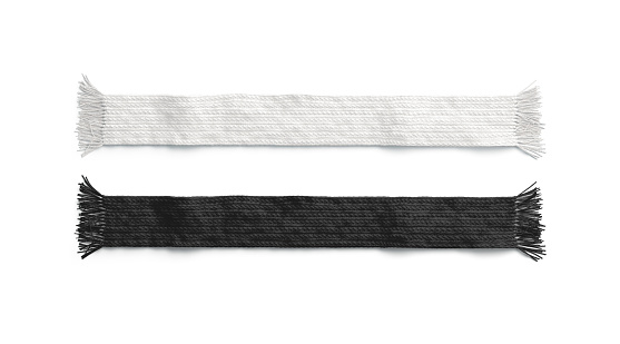 Blank black and white knitted scarf mockup set, isolated, 3d rendering. Empty textile accessory mock up, top view. Clear casual garment for christmas or soccer template.