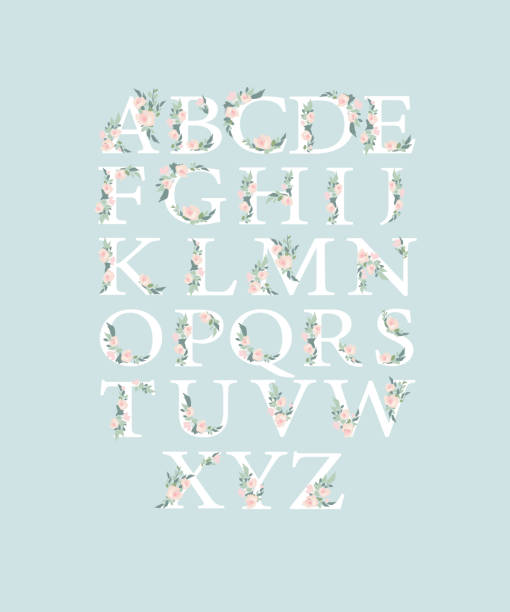 акварель алфавита с цветами роз и листьями. романтический цветочный шрифт - letter b typescript alphabet metal stock illustrations